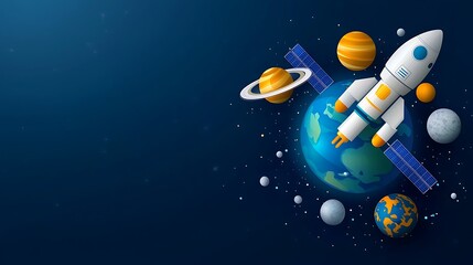 Naklejka premium Experience a vibrant space adventure featuring a rocket exploring the universe, surrounded by colorful planets and a satellite orbiting Earth. Perfect for creative projects!