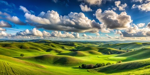 Obraz premium Rolling Green Hills Under a Cloudy Sky, landscape, nature