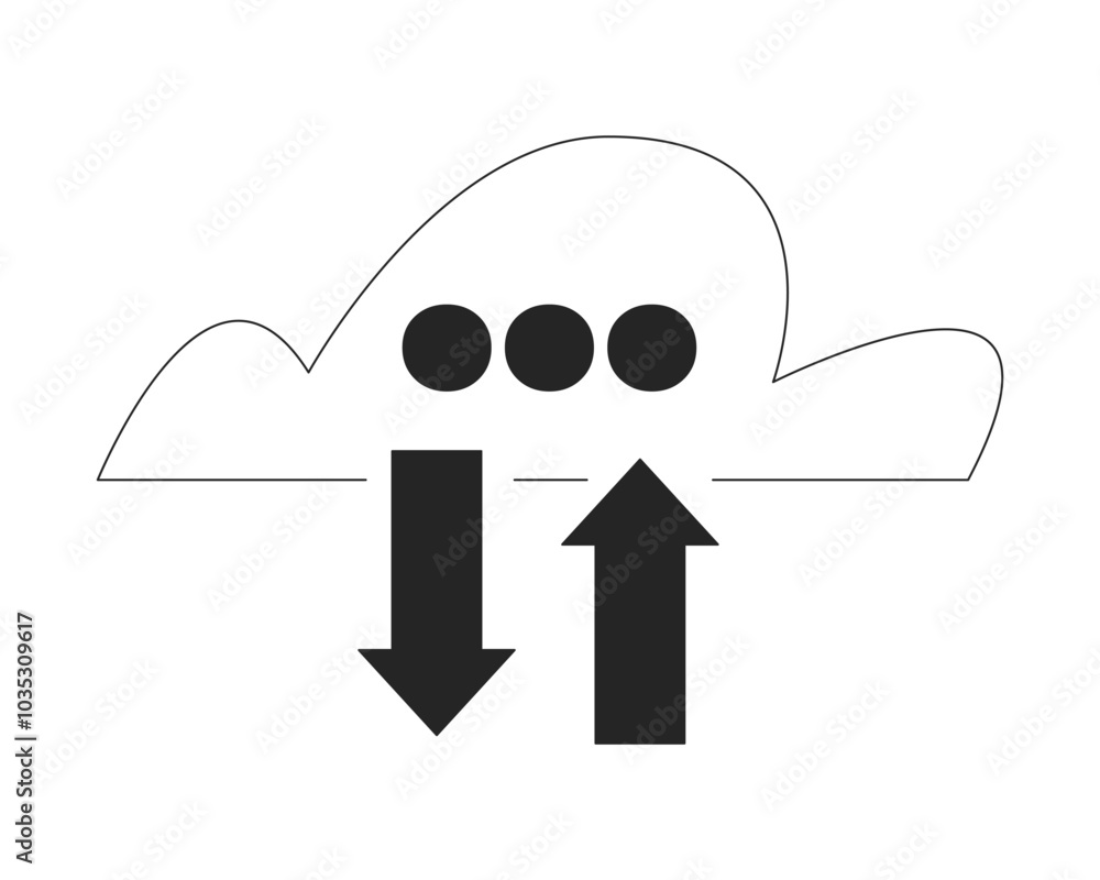 Poster cloud exchange black and white 2d line object. sync storage. data server input output. transfer data