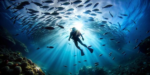 Obraz premium Silhouetted Diver Surrounded by Fish in Underwater Sunlight, Scuba Diving, Underwater Photography