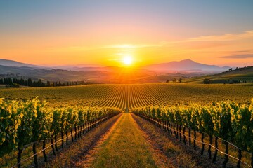 Fototapeta premium Vineyard rows at sunset with a golden sky