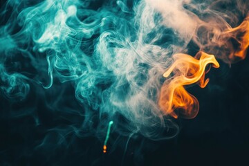 Obraz premium Whiffs of green glowing smoke and swirls of aromatic colorful incense against a Black background. Dramatic haze effect for a spooky Halloween background. with generative ai
