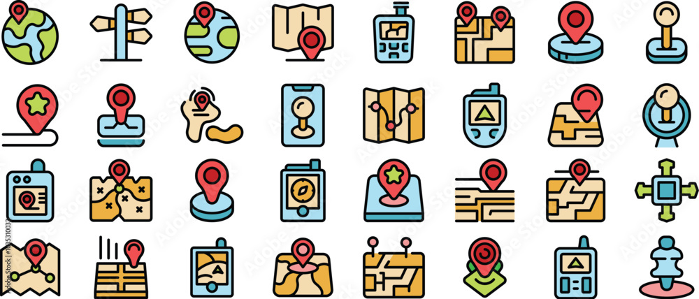 Aufkleber this set of colorful icons represents various aspects of location and navigation, ideal for projects