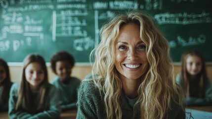 An educator beams in front of a blackboard lined with smiling students, reflecting a positive and nurturing educational environment, full of learning excitement.