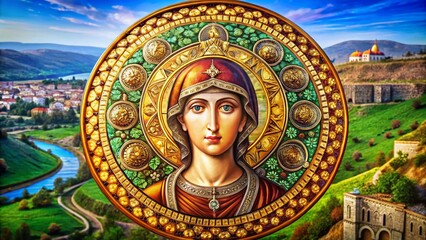 Fototapeta premium Byzantine Style Double Exposure of Anna the Prophetess Medallion Coloring Page for Art Lovers