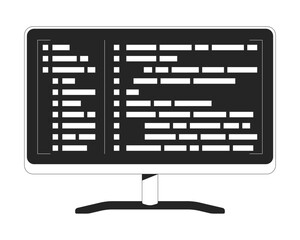 Computer monitor with programming syntax code black and white 2D line object. Coding display. Software engineering program isolated clip art vector outline item. Monochromatic spot illustration
