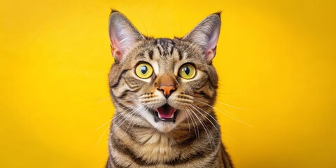 Obraz premium Surprised Tabby Cat with Wide Eyes and Open Mouth on Yellow Background, cat, portrait