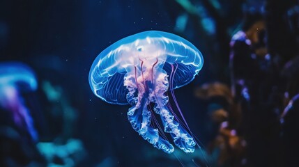 Obraz premium A single glowing jellyfish swimming through the ocean, high-definition focus on its translucent body, illuminated in the deep blue water