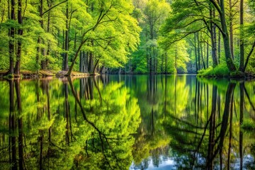 Fototapeta premium Forest landscape with treetops against a blue sky reflected on water