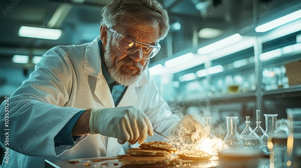 Poster an intense laboratory scene where a scientist in a white coat performs an experiment with fiery reac
