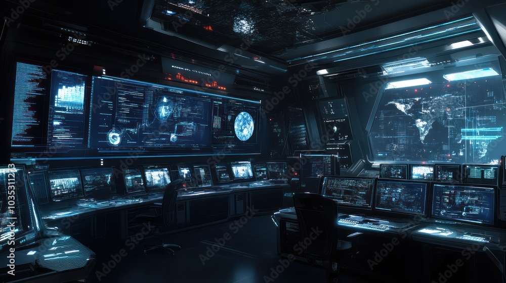 Poster futuristic command center with digital displays and monitors