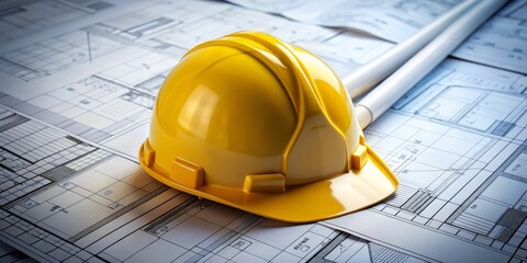 Yellow Hard Hat on Blueprints, Construction, Architecture, Engineering
