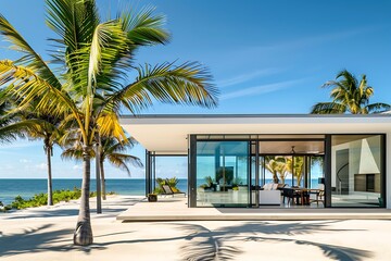 A contemporary beach house with a flat roof large glass doors and a spacious terrace facing the ocean Palm trees and sandy beach in the foreground