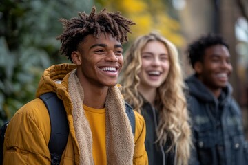 Diverse group of friends walking together and laughing outdoors, Generative AI
