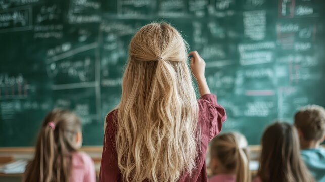 A focused teacher demonstrates a concept on the chalkboard, with young students paying attention, representing the mentor role in educational processes.