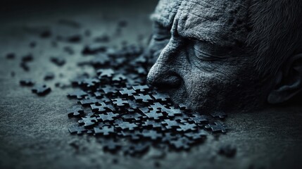 A thought-provoking representation of dementia, featuring puzzle pieces symbolizing mental decline, set against a subtle background to evoke feelings of concern and support.