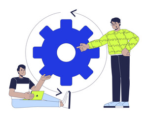 Digital marketing strategy 2D illustration concept. Business marketers with process gear cog cartoon characters isolated on white. Problem solving cogwheel metaphor abstract flat vector graphic