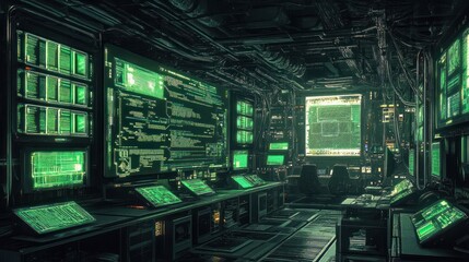 Fototapeta premium Futuristic Server Room with Green Screens Displaying Data and Code