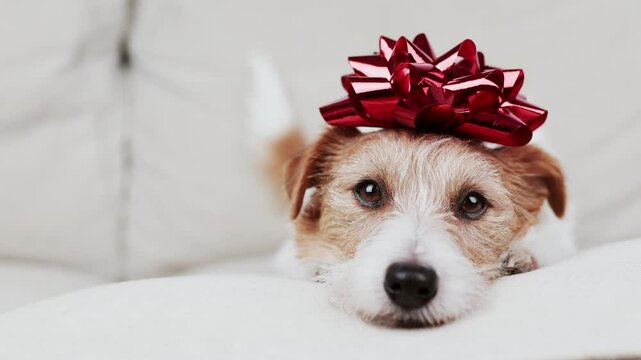 Face of a happy cute new year holiday dog as wagging her tail with a red christmas gift decoration bow