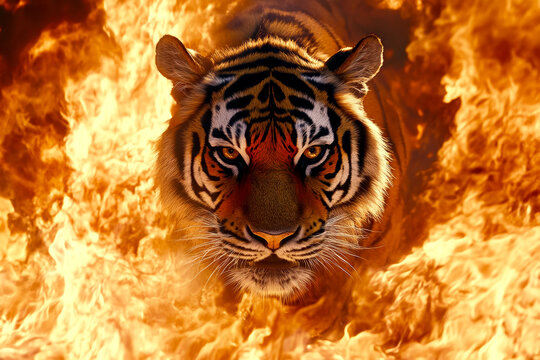 Fierce tiger with flames in background