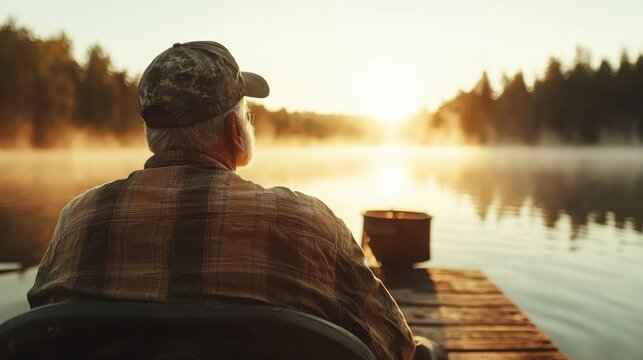 A solitary fisherman, wearing a cap and plaid shirt, quietly sits on a dock overlooking a misty lake at sunrise, capturing solitude and contemplative serenity.