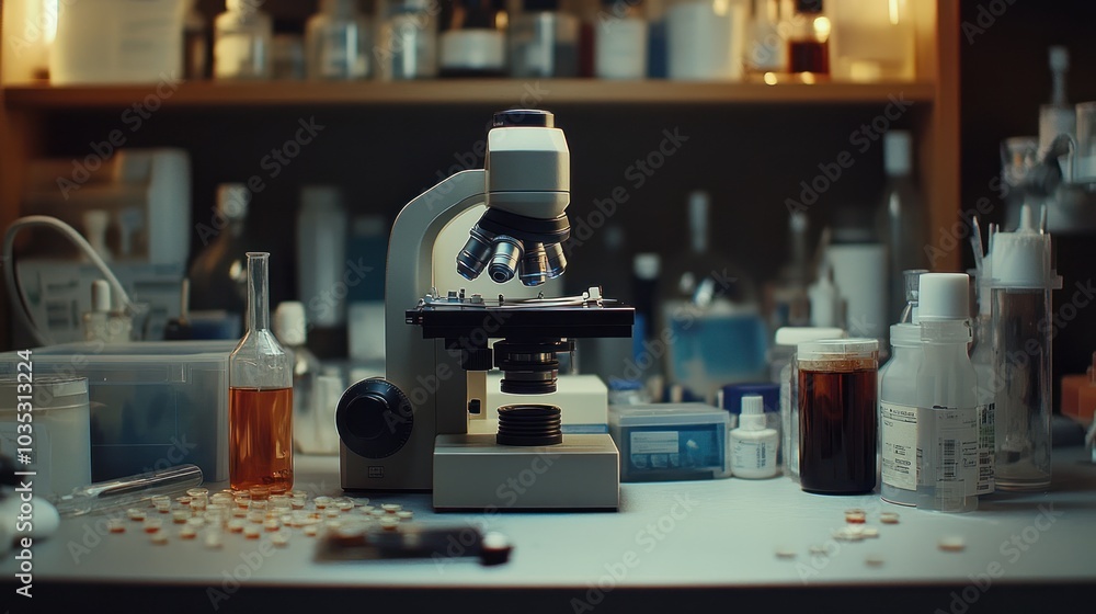 Poster a microscope in a laboratory setting with assorted chemicals and tools