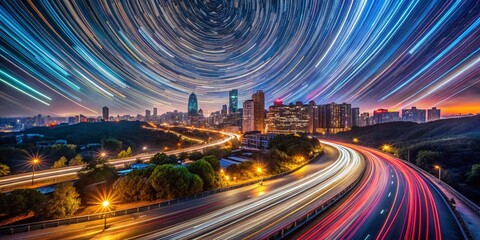 Obraz premium Captivating Long Exposure Nightscape with Star Trails and City Lights