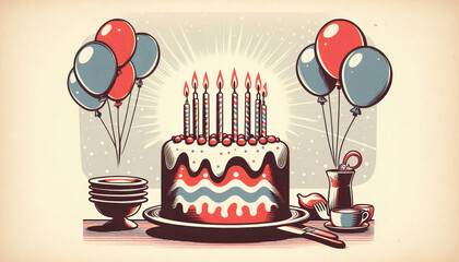 Retro-style illustration of a birthday cake with candles and colorful balloons