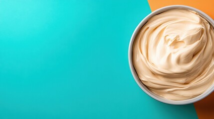 A smooth, creamy sauce displayed in a bowl, set against a striking turquoise background, highlighting the rich texture and appetizing appearance of the sauce.