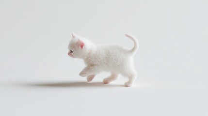 A whimsical tiny pastel cat is featured against a bright white background, highlighting its playful nature and softness, ideal for playful pet photography or product design.