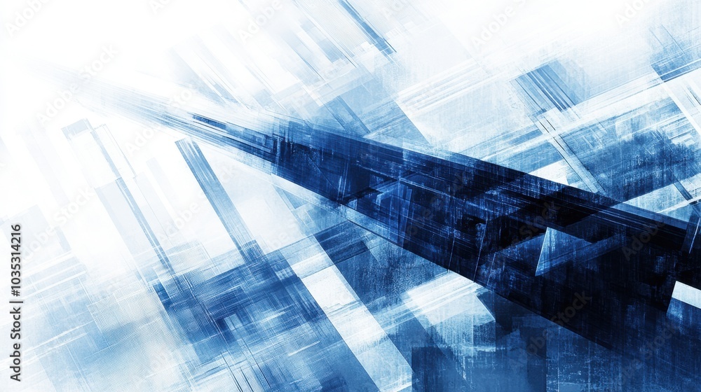 Poster abstract blue lines intersect across a technology and cityscape background, creating a visually stri