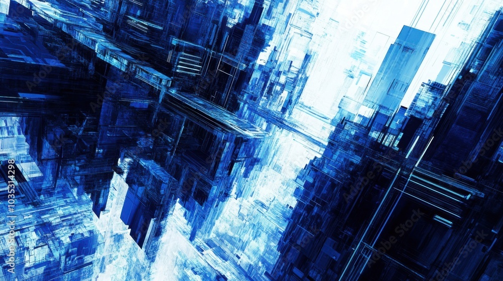 Poster abstract blue lines intersect across a technology and cityscape background, creating a visually stri