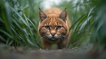 Obraz premium An alert wild cat, eyes wide with focus, navigates through lush green foliage, capturing the essence of survival and the stealth of a natural predator.