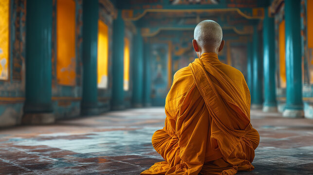 Buddhist monk, serene and contemplative, meditating in a tranquil temple setting