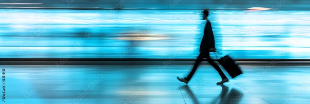 Poster Busy businessman rushing through airport terminal with trolley, capturing speed and efficiency in bustling space. Modern architecture provides dynamic backdrop to fast paced business travel
