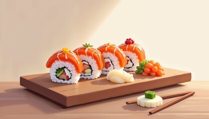 Sushi rolls with salmon topping on wooden board with garnish