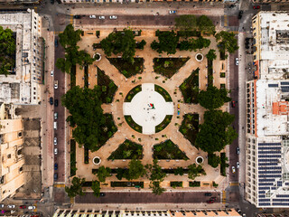 Mérida, Mexico - 27 September 2024: Aerial view of Plaza Grande with trees and buildings, Merida, Mexico.