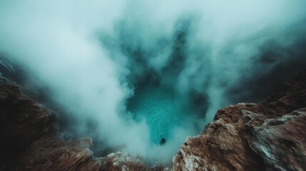 An adventurous exploration of a mystical volcanic cave with swirling clouds of steam, representing the allure and thrill of the unknown and untamed nature.