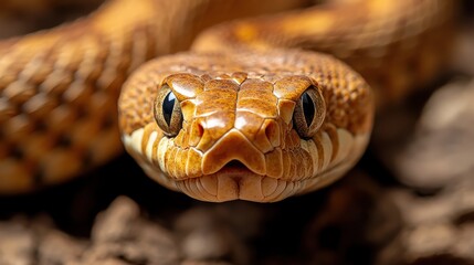 An image showcasing a brown snake resting on a textured ground, emphasizing the creature's distinct skin pattern and its intentional gaze towards the viewer.