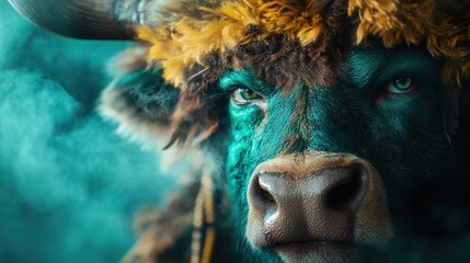 A bold image of a bull painted in vivid teal hues with a wild mane of yellow fur, capturing an abstract and artistic representation of this robust animal.
