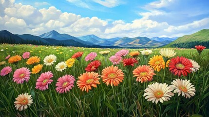 Obraz premium Colorful Gerbera Daisies in a Field with Mountain Background