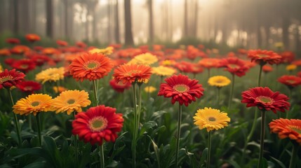 Vibrant Gerbera Daisies Blooming in a Sunlit Forest