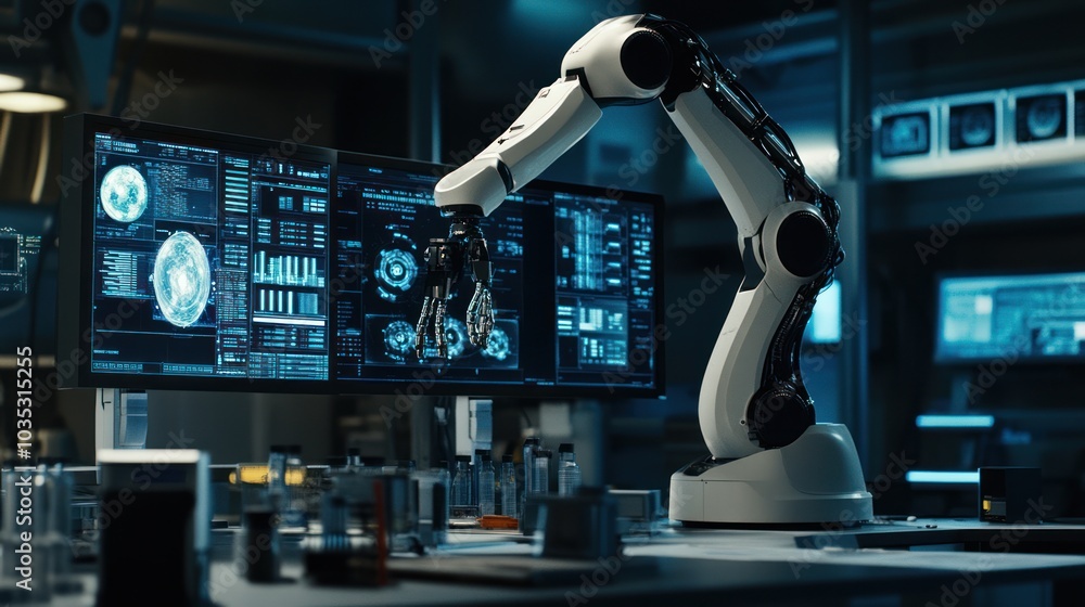 Poster robotic arm in a modern technology laboratory with computer displays