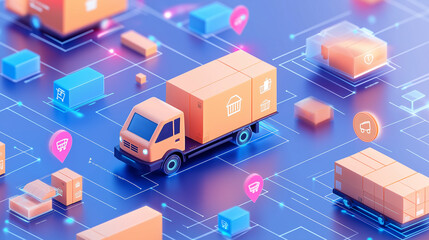 Obraz premium A 3D rendering of a delivery truck navigating a network of boxes and icons. 