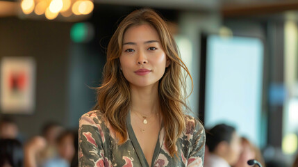 Young Asian woman, confident and poised, standing in a professional setting with focused expression