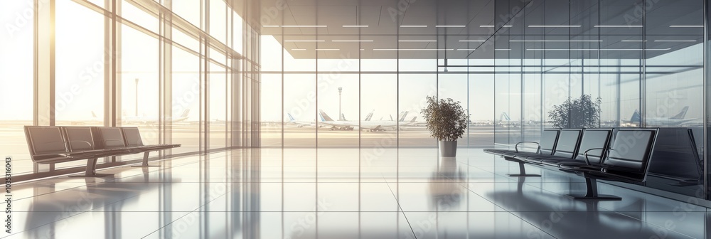 Aufkleber Sunlight is streaming through the windows of a large empty airport terminal waiting area with airplanes visible on the tarmac outside