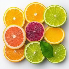 Obraz premium Citrus Medley: Assorted Fruits on White Background - Top View