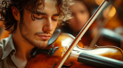 Young man, focused and passionate, playing violin in an orchestra setting