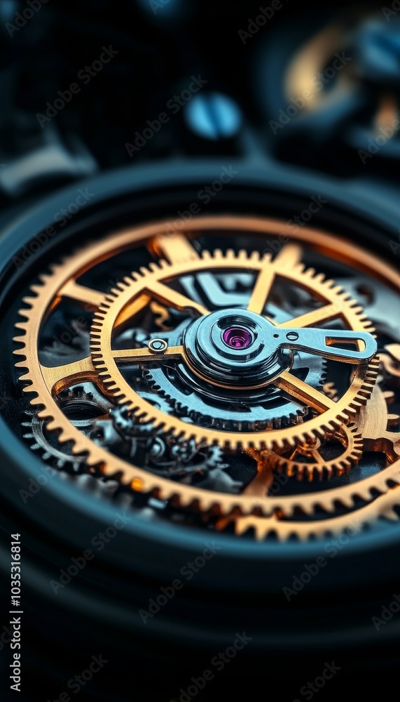 Aufkleber close up of intricate golden clockwork mechanism with gears and cogs on black background