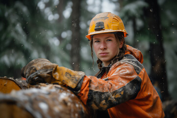 Female lumberjack in overalls handles a large piece of timber. The image captures her comfort and confidence in her work environment, highlighting the blend of strength and positivity.